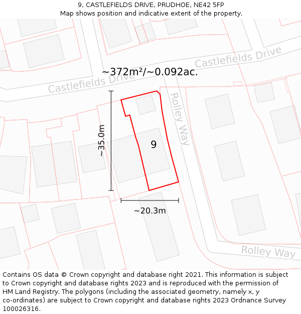 9, CASTLEFIELDS DRIVE, PRUDHOE, NE42 5FP: Plot and title map
