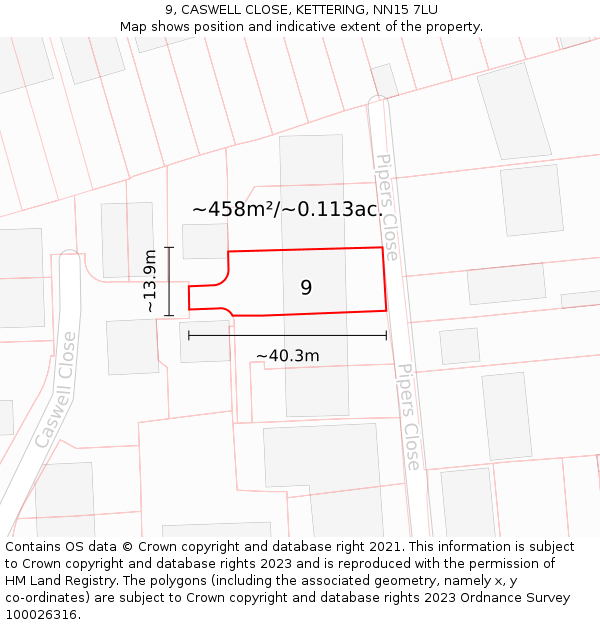 9, CASWELL CLOSE, KETTERING, NN15 7LU: Plot and title map