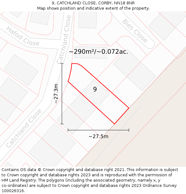 9, CATCHLAND CLOSE, CORBY, NN18 8NR: Plot and title map