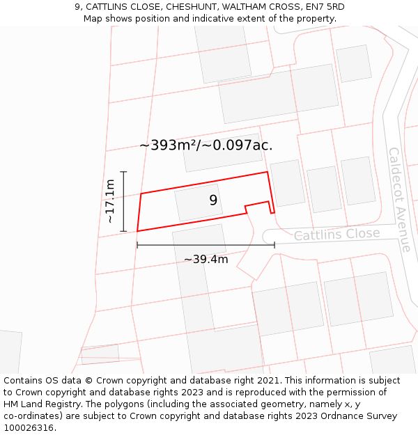 9, CATTLINS CLOSE, CHESHUNT, WALTHAM CROSS, EN7 5RD: Plot and title map