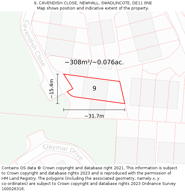 9, CAVENDISH CLOSE, NEWHALL, SWADLINCOTE, DE11 0NE: Plot and title map