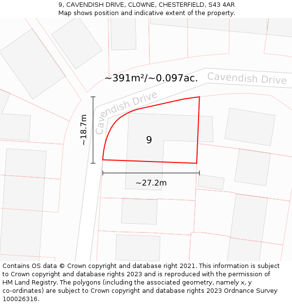 9, CAVENDISH DRIVE, CLOWNE, CHESTERFIELD, S43 4AR: Plot and title map