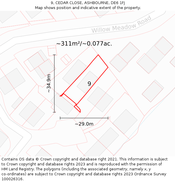 9, CEDAR CLOSE, ASHBOURNE, DE6 1FJ: Plot and title map
