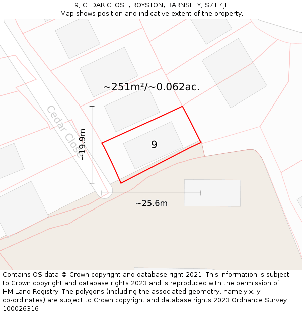 9, CEDAR CLOSE, ROYSTON, BARNSLEY, S71 4JF: Plot and title map