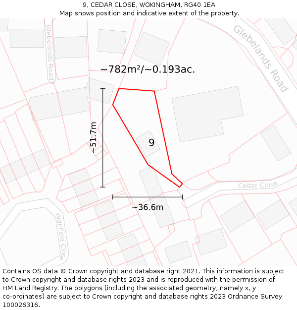9, CEDAR CLOSE, WOKINGHAM, RG40 1EA: Plot and title map