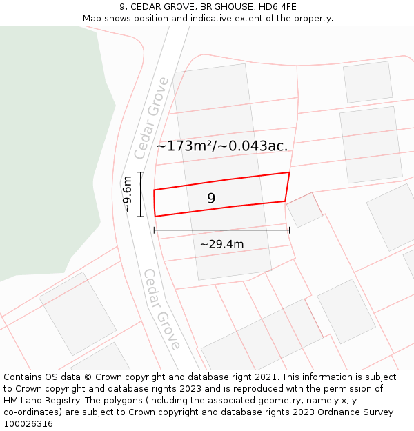 9, CEDAR GROVE, BRIGHOUSE, HD6 4FE: Plot and title map