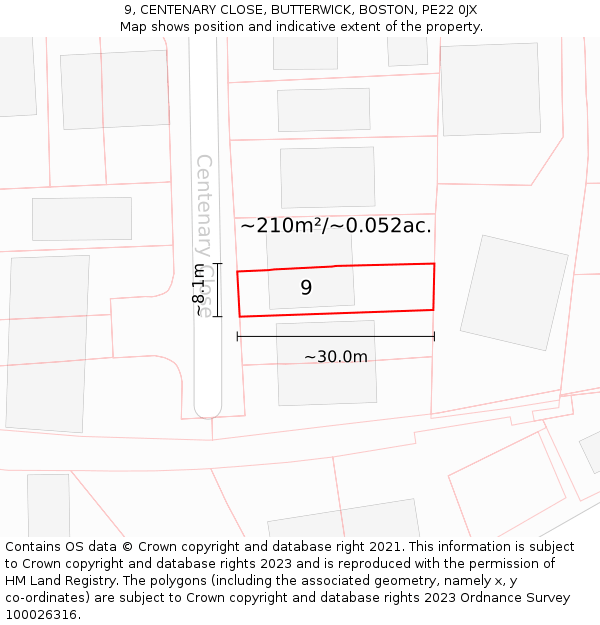 9, CENTENARY CLOSE, BUTTERWICK, BOSTON, PE22 0JX: Plot and title map
