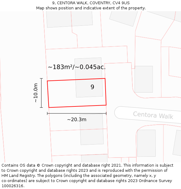 9, CENTORA WALK, COVENTRY, CV4 9US: Plot and title map