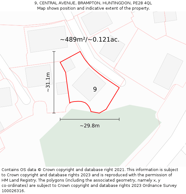 9, CENTRAL AVENUE, BRAMPTON, HUNTINGDON, PE28 4QL: Plot and title map