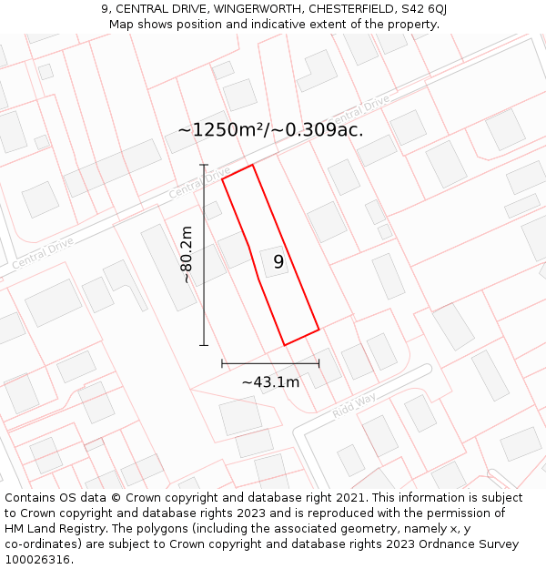 9, CENTRAL DRIVE, WINGERWORTH, CHESTERFIELD, S42 6QJ: Plot and title map