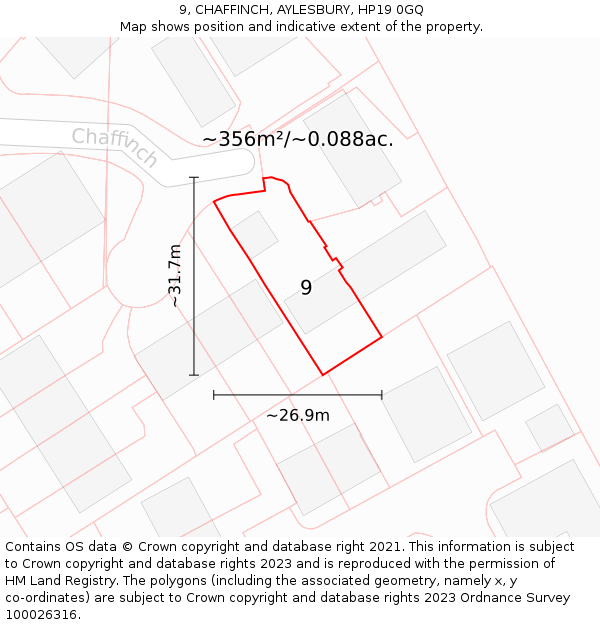 9, CHAFFINCH, AYLESBURY, HP19 0GQ: Plot and title map
