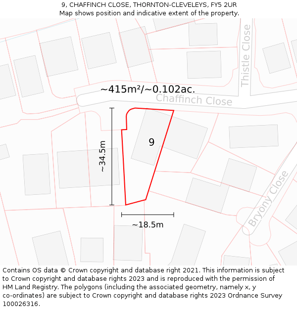 9, CHAFFINCH CLOSE, THORNTON-CLEVELEYS, FY5 2UR: Plot and title map