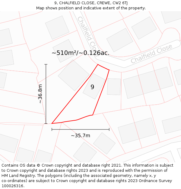 9, CHALFIELD CLOSE, CREWE, CW2 6TJ: Plot and title map