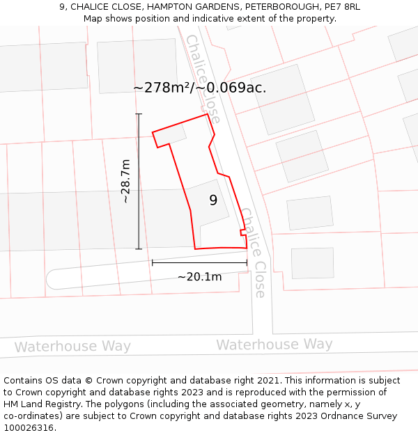 9, CHALICE CLOSE, HAMPTON GARDENS, PETERBOROUGH, PE7 8RL: Plot and title map