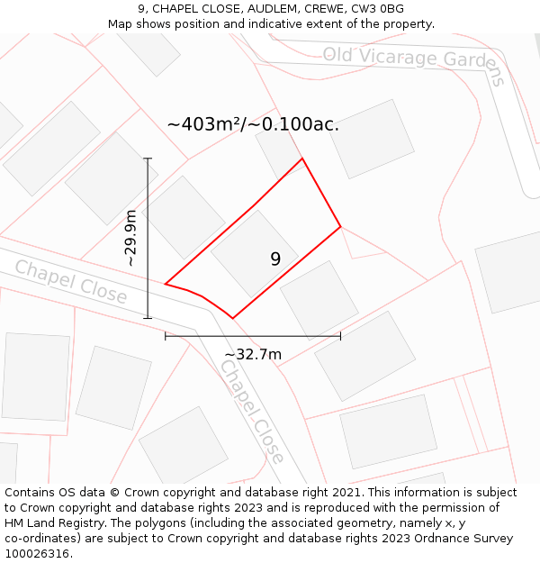 9, CHAPEL CLOSE, AUDLEM, CREWE, CW3 0BG: Plot and title map