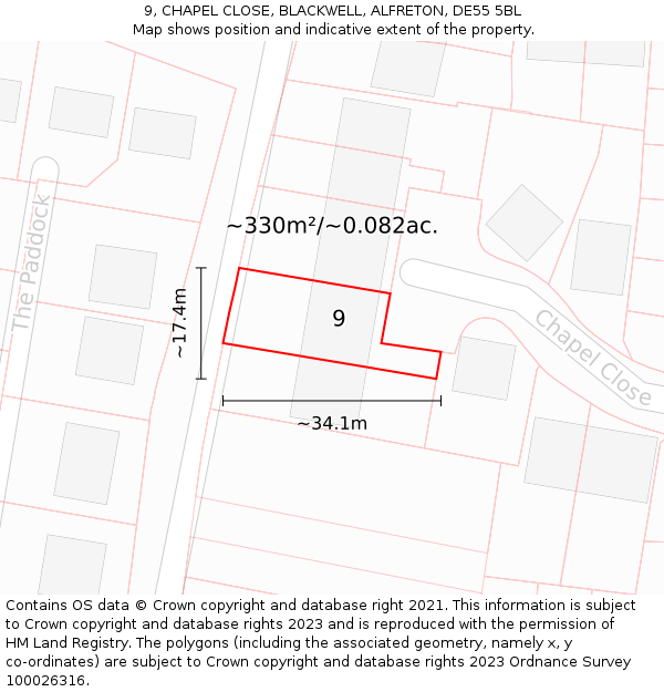 9, CHAPEL CLOSE, BLACKWELL, ALFRETON, DE55 5BL: Plot and title map