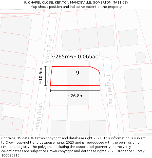 9, CHAPEL CLOSE, KEINTON MANDEVILLE, SOMERTON, TA11 6EY: Plot and title map