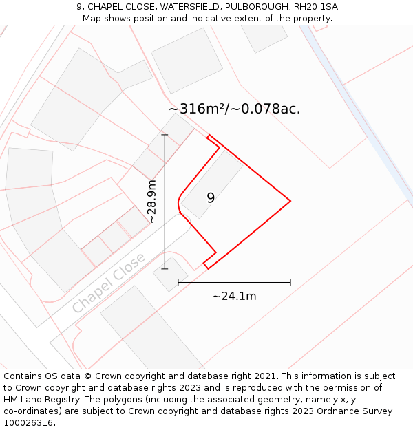 9, CHAPEL CLOSE, WATERSFIELD, PULBOROUGH, RH20 1SA: Plot and title map