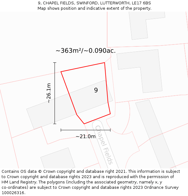 9, CHAPEL FIELDS, SWINFORD, LUTTERWORTH, LE17 6BS: Plot and title map