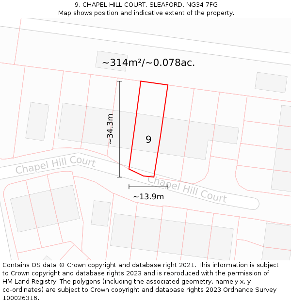 9, CHAPEL HILL COURT, SLEAFORD, NG34 7FG: Plot and title map