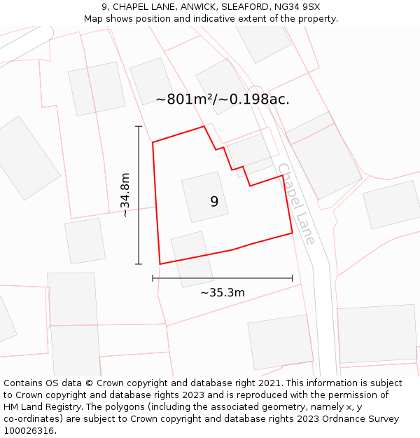 9, CHAPEL LANE, ANWICK, SLEAFORD, NG34 9SX: Plot and title map