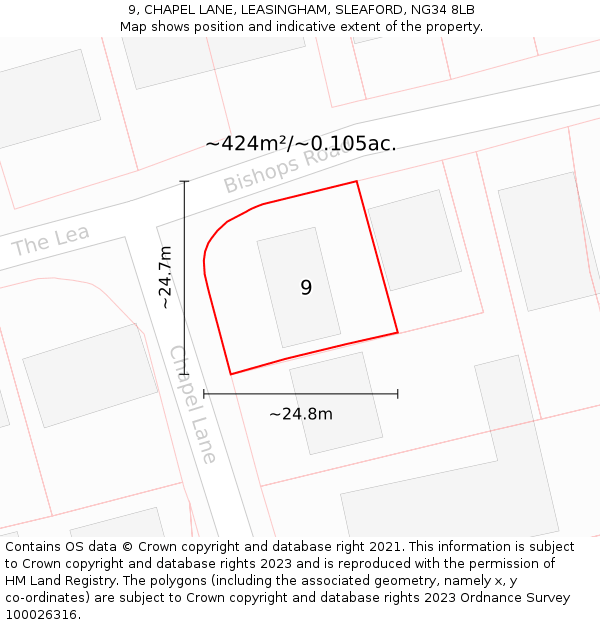 9, CHAPEL LANE, LEASINGHAM, SLEAFORD, NG34 8LB: Plot and title map
