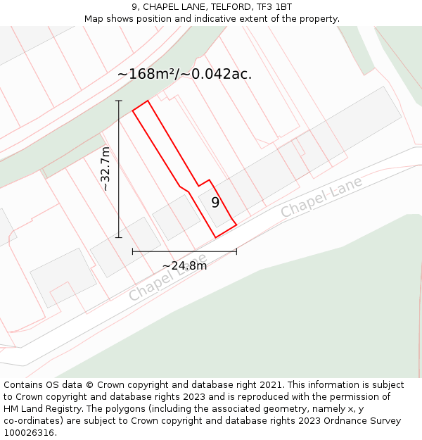 9, CHAPEL LANE, TELFORD, TF3 1BT: Plot and title map