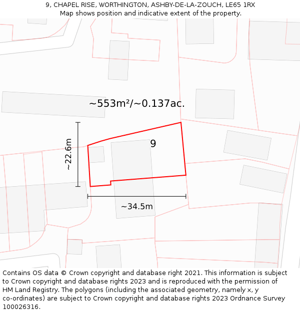 9, CHAPEL RISE, WORTHINGTON, ASHBY-DE-LA-ZOUCH, LE65 1RX: Plot and title map
