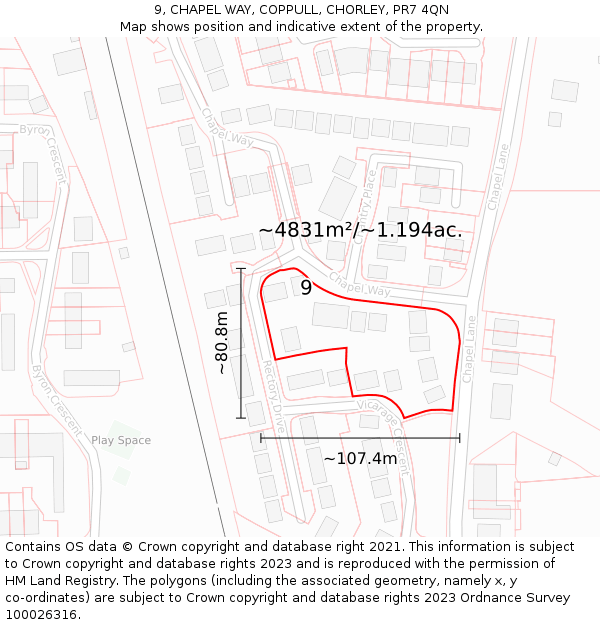 9, CHAPEL WAY, COPPULL, CHORLEY, PR7 4QN: Plot and title map