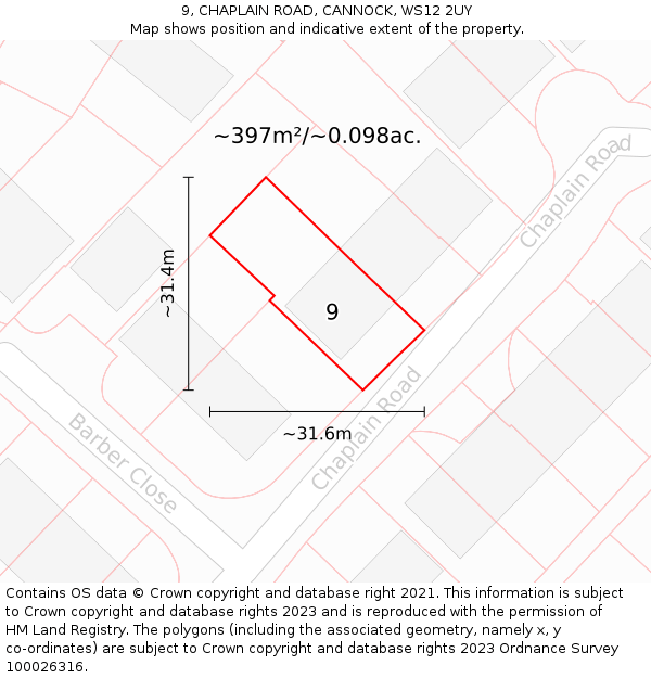 9, CHAPLAIN ROAD, CANNOCK, WS12 2UY: Plot and title map