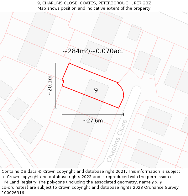 9, CHAPLINS CLOSE, COATES, PETERBOROUGH, PE7 2BZ: Plot and title map