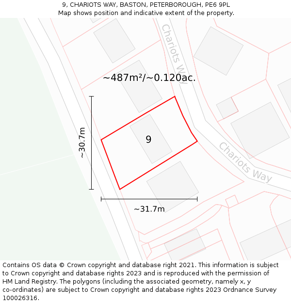 9, CHARIOTS WAY, BASTON, PETERBOROUGH, PE6 9PL: Plot and title map