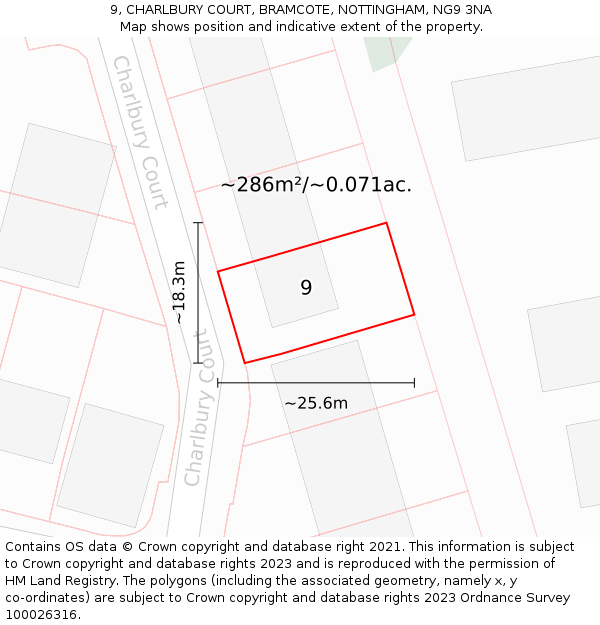 9, CHARLBURY COURT, BRAMCOTE, NOTTINGHAM, NG9 3NA: Plot and title map