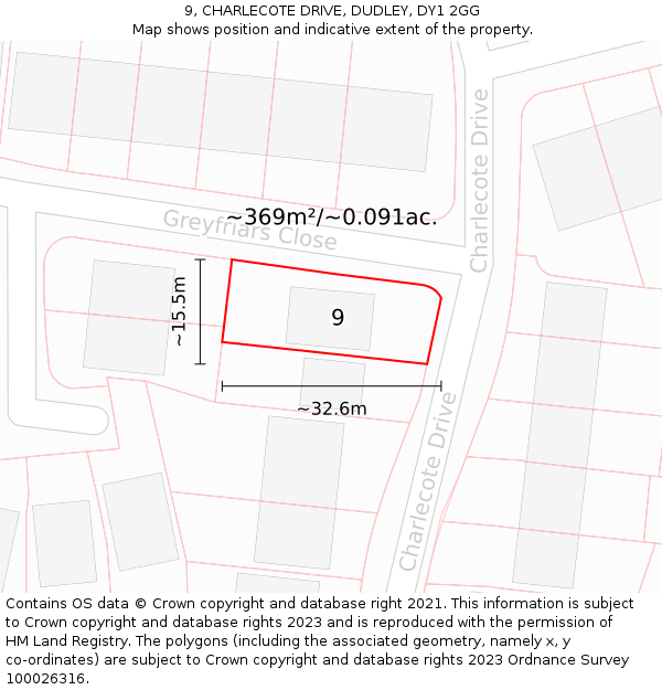 9, CHARLECOTE DRIVE, DUDLEY, DY1 2GG: Plot and title map
