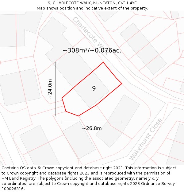 9, CHARLECOTE WALK, NUNEATON, CV11 4YE: Plot and title map