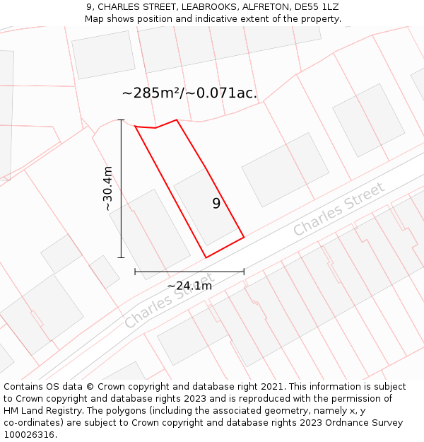 9, CHARLES STREET, LEABROOKS, ALFRETON, DE55 1LZ: Plot and title map