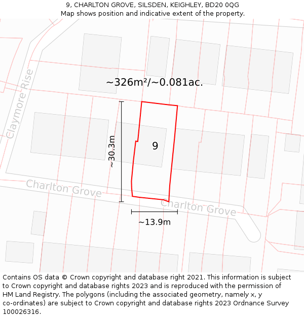 9, CHARLTON GROVE, SILSDEN, KEIGHLEY, BD20 0QG: Plot and title map