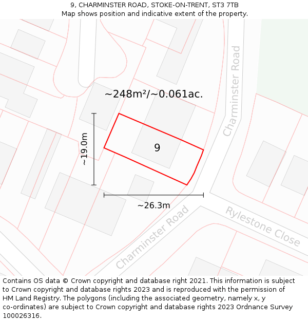 9, CHARMINSTER ROAD, STOKE-ON-TRENT, ST3 7TB: Plot and title map