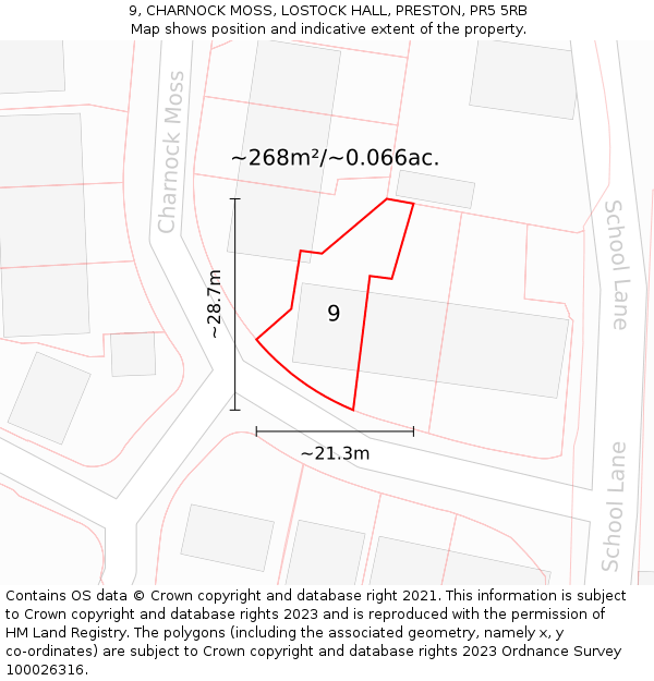9, CHARNOCK MOSS, LOSTOCK HALL, PRESTON, PR5 5RB: Plot and title map