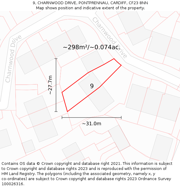 9, CHARNWOOD DRIVE, PONTPRENNAU, CARDIFF, CF23 8NN: Plot and title map