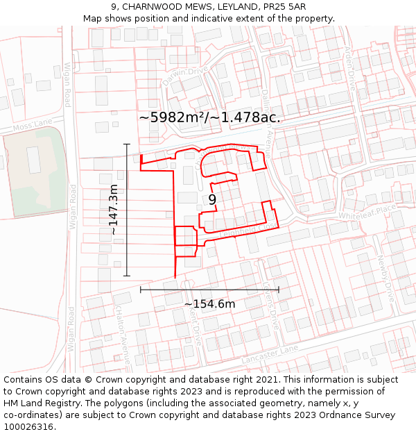 9, CHARNWOOD MEWS, LEYLAND, PR25 5AR: Plot and title map