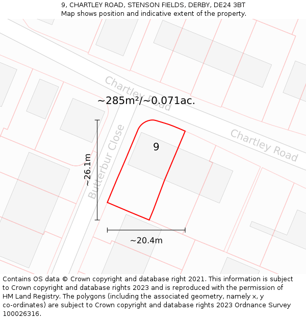 9, CHARTLEY ROAD, STENSON FIELDS, DERBY, DE24 3BT: Plot and title map