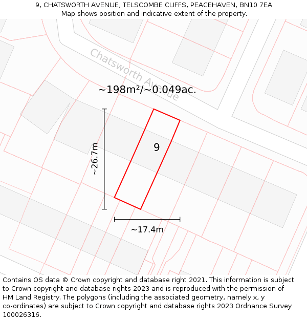 9, CHATSWORTH AVENUE, TELSCOMBE CLIFFS, PEACEHAVEN, BN10 7EA: Plot and title map