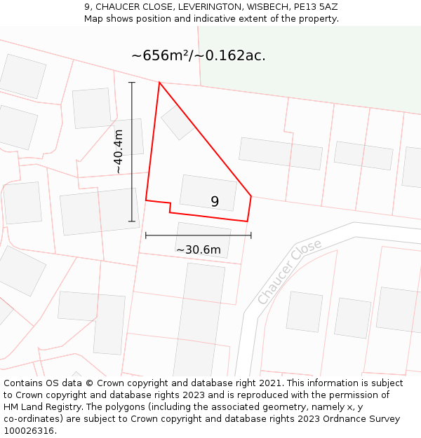 9, CHAUCER CLOSE, LEVERINGTON, WISBECH, PE13 5AZ: Plot and title map
