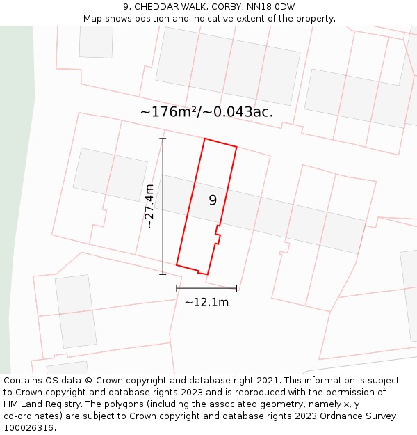 9, CHEDDAR WALK, CORBY, NN18 0DW: Plot and title map