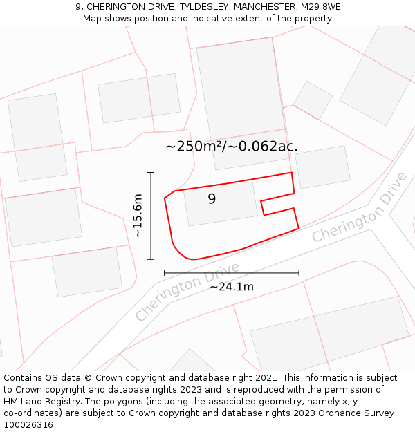 9, CHERINGTON DRIVE, TYLDESLEY, MANCHESTER, M29 8WE: Plot and title map