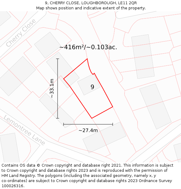 9, CHERRY CLOSE, LOUGHBOROUGH, LE11 2QR: Plot and title map