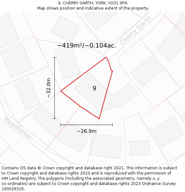 9, CHERRY GARTH, YORK, YO31 0PA: Plot and title map