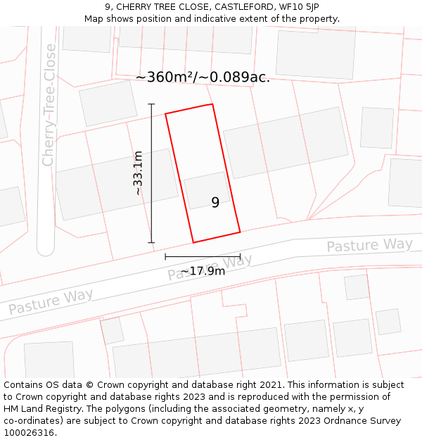 9, CHERRY TREE CLOSE, CASTLEFORD, WF10 5JP: Plot and title map