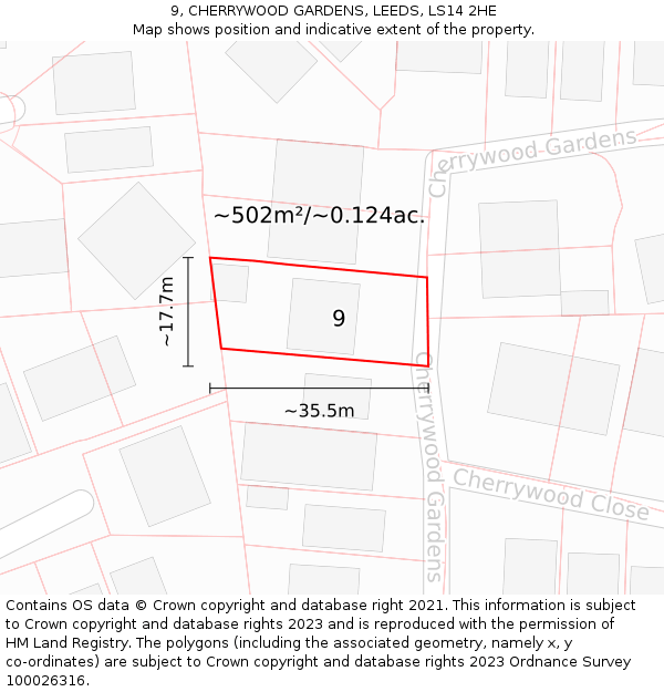 9, CHERRYWOOD GARDENS, LEEDS, LS14 2HE: Plot and title map